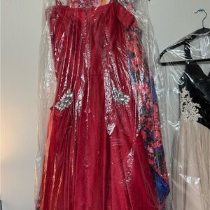 Elegant Red Gown with Embellished Details